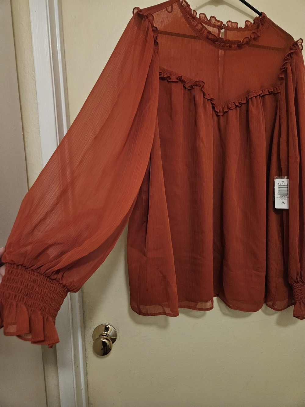 torrid Rust Orange Sheer Ruffle Yoke Blouse - Picture 8 of 8